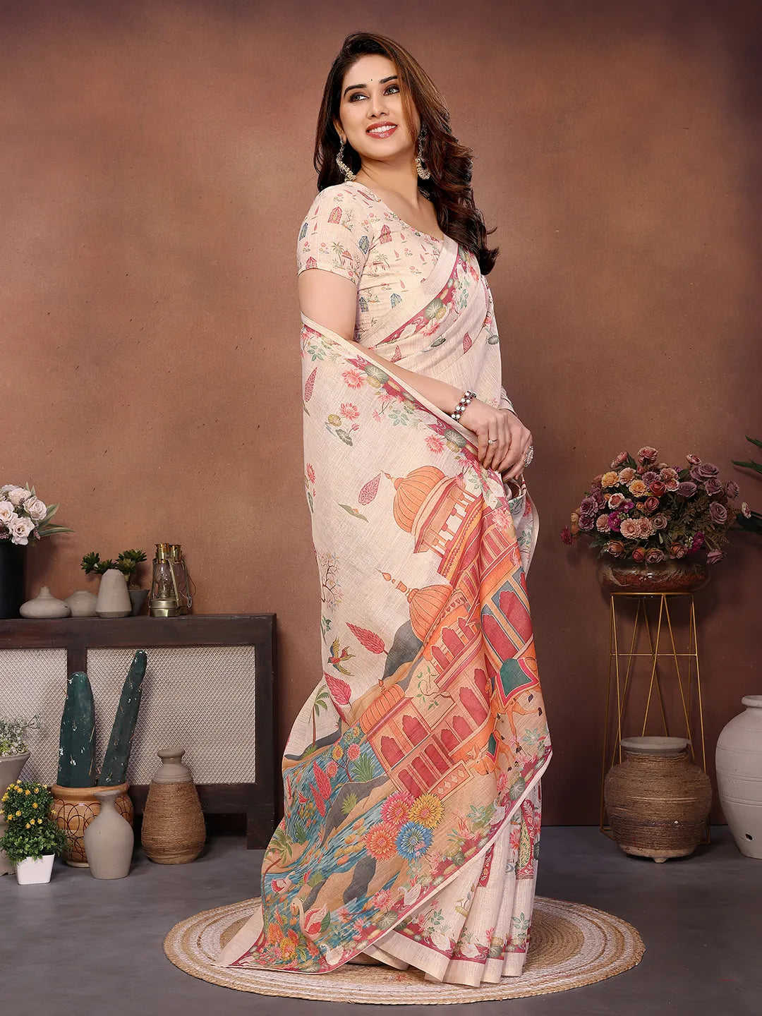 Blush Palace Erode Cotton Saree with Royal Lotus Garden Print & Heritage Palace Pallu