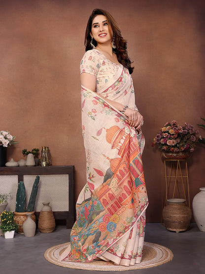 Blush Palace Erode Cotton Saree with Royal Lotus Garden Print & Heritage Palace Pallu
