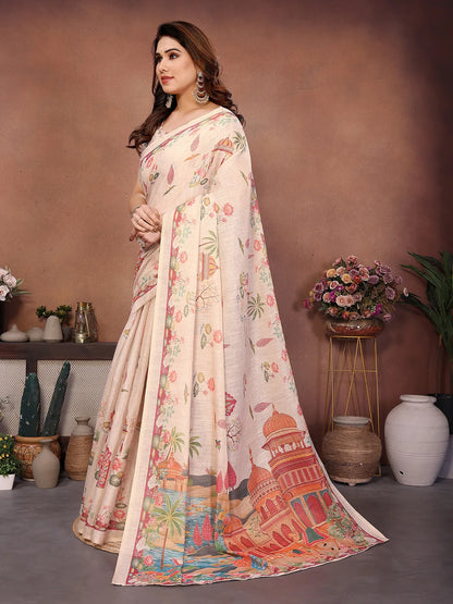 Blush Palace Erode Cotton Saree with Royal Lotus Garden Print & Heritage Palace Pallu