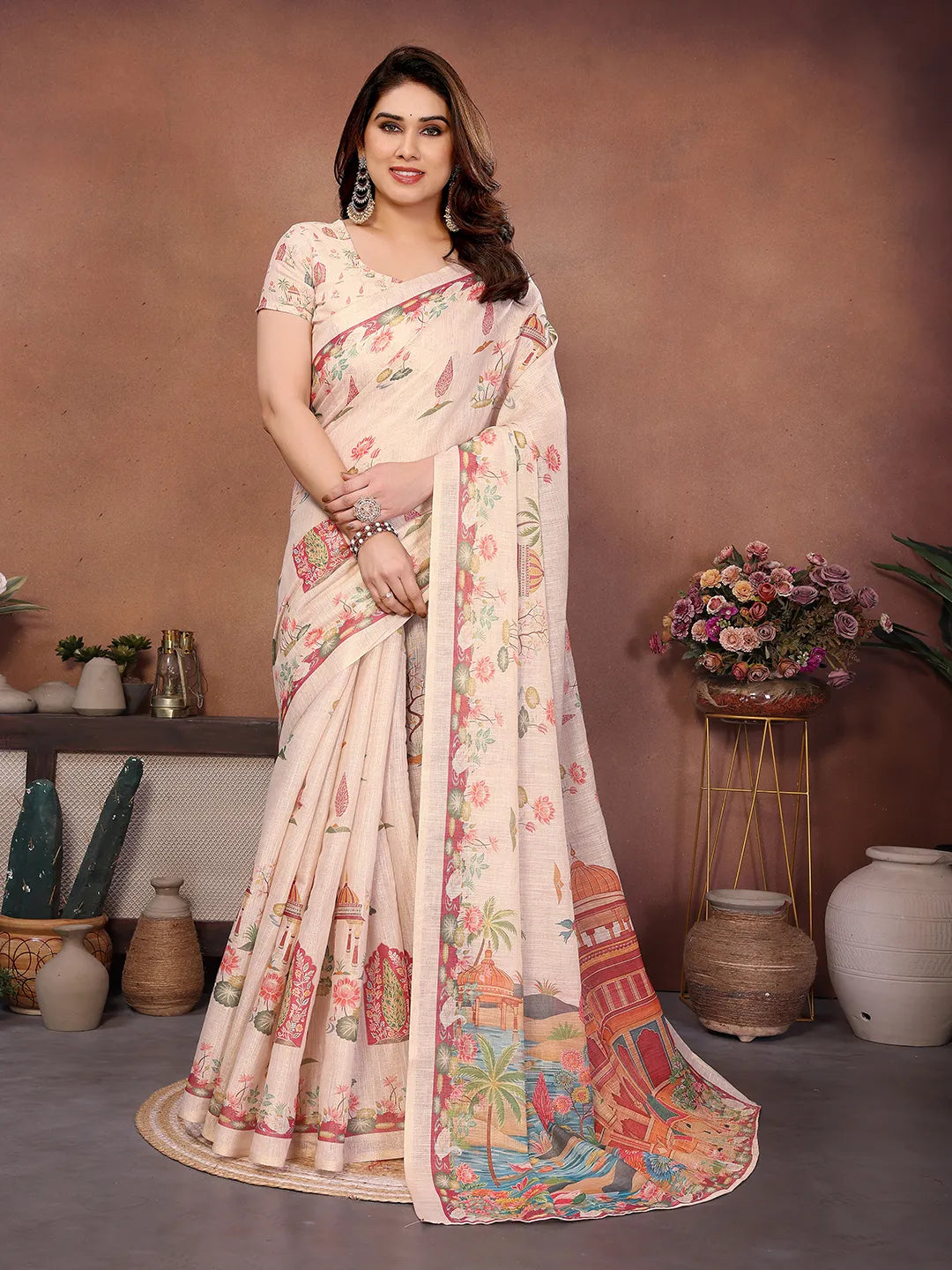 Blush Palace Erode Cotton Saree with Royal Lotus Garden Print & Heritage Palace Pallu