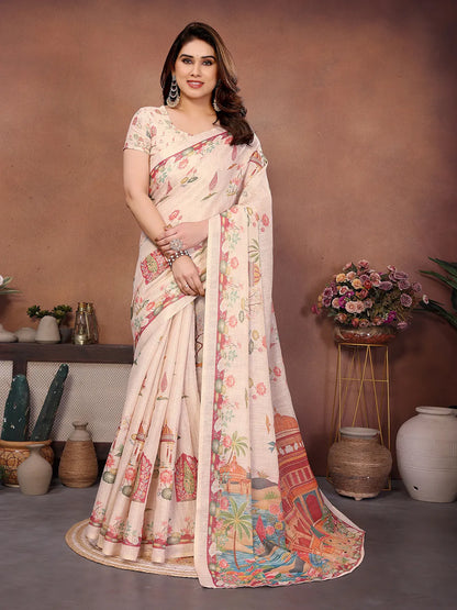 Blush Palace Erode Cotton Saree with Royal Lotus Garden Print & Heritage Palace Pallu