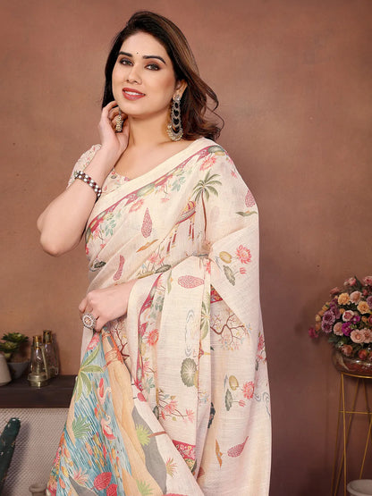 Blush Palace Erode Cotton Saree with Royal Lotus Garden Print & Heritage Palace Pallu