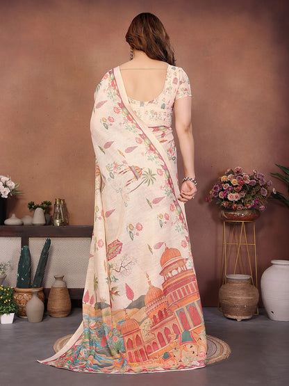 Blush Palace Erode Cotton Saree with Royal Lotus Garden Print & Heritage Palace Pallu