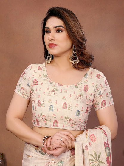 Blush Palace Erode Cotton Saree with Royal Lotus Garden Print & Heritage Palace Pallu