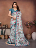 Sky Bloom Erode Cotton Saree with Floral Elephant Heritage Print & Artisan Pallu