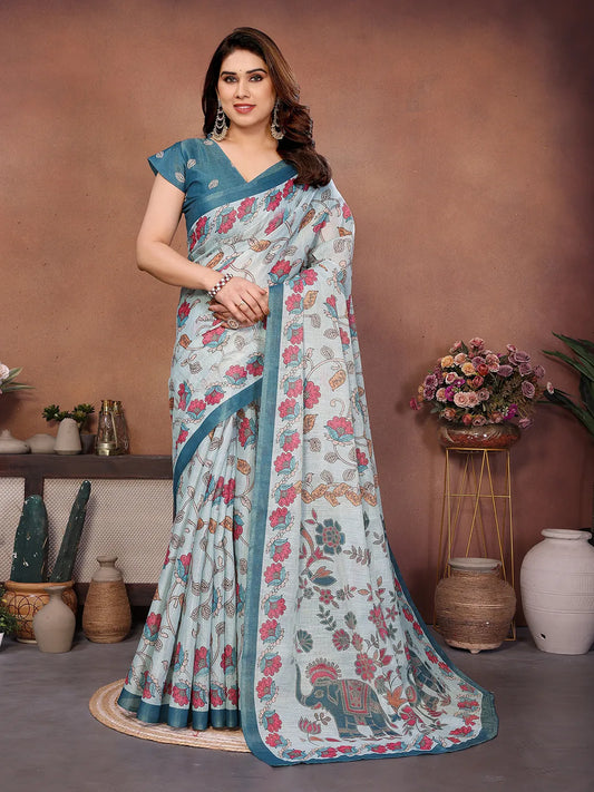 Sky Bloom Erode Cotton Saree with Floral Elephant Heritage Print & Artisan Pallu