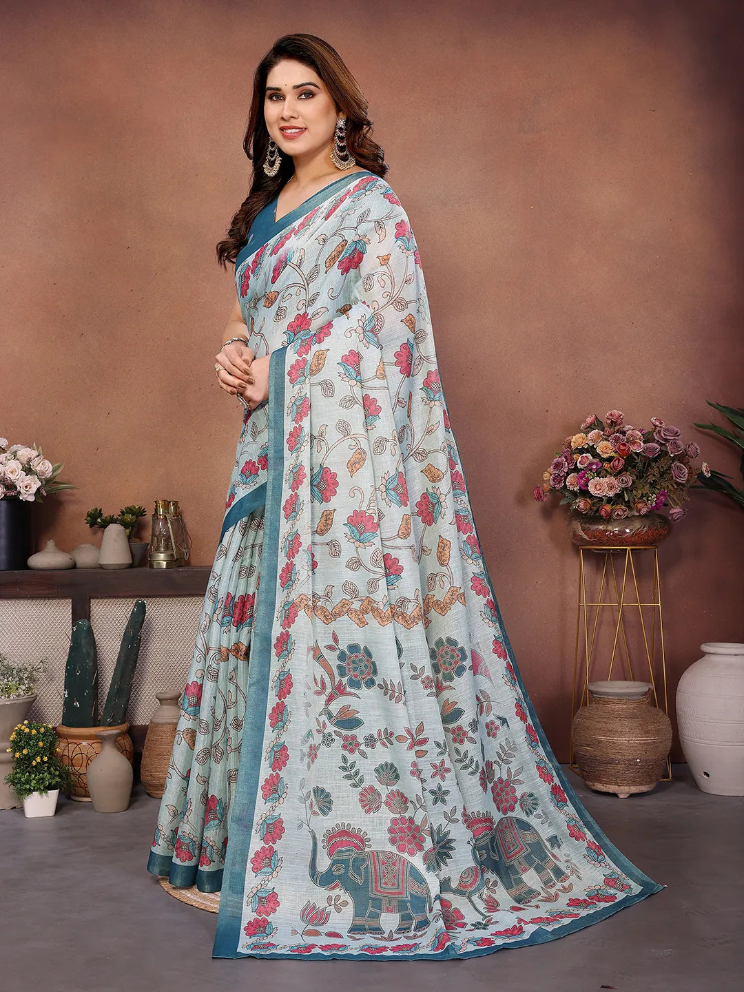 Sky Bloom Erode Cotton Saree with Floral Elephant Heritage Print & Artisan Pallu