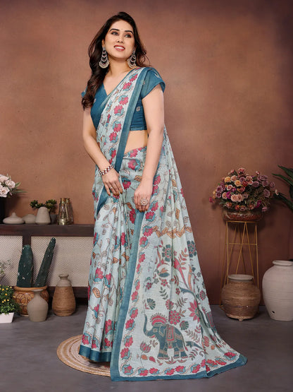 Sky Bloom Erode Cotton Saree with Floral Elephant Heritage Print & Artisan Pallu
