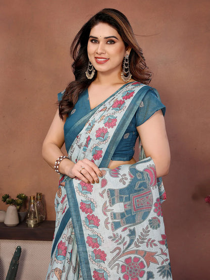 Sky Bloom Erode Cotton Saree with Floral Elephant Heritage Print & Artisan Pallu