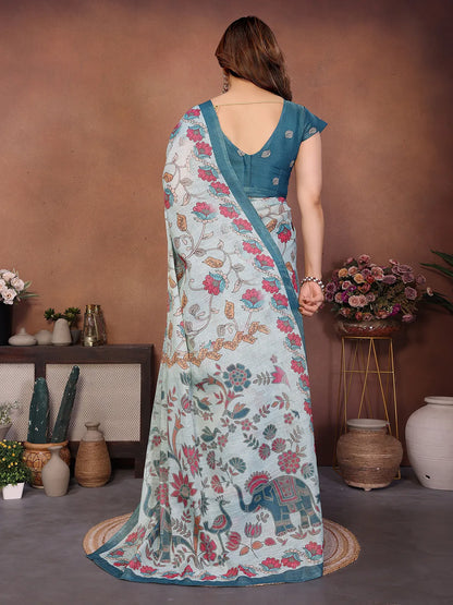 Sky Bloom Erode Cotton Saree with Floral Elephant Heritage Print & Artisan Pallu
