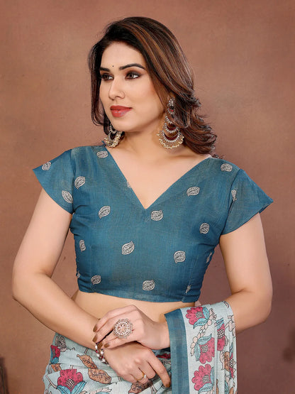 Sky Bloom Erode Cotton Saree with Floral Elephant Heritage Print & Artisan Pallu