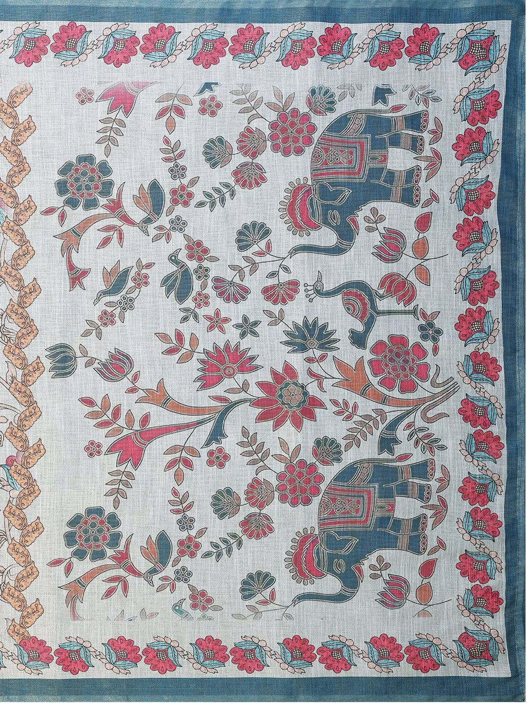 Sky Bloom Erode Cotton Saree with Floral Elephant Heritage Print & Artisan Pallu