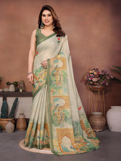Sage Mist Erode Cotton Saree with Peacock Garden Heritage Print & Palace Art Pallu