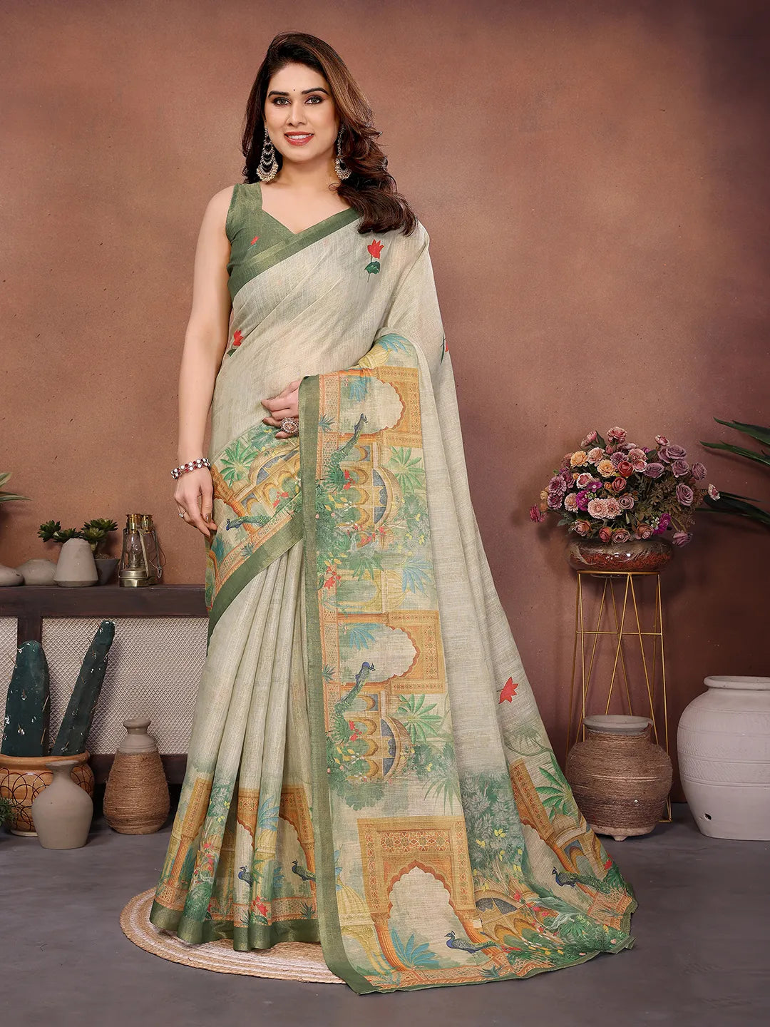 Sage Mist Erode Cotton Saree with Peacock Garden Heritage Print & Palace Art Pallu