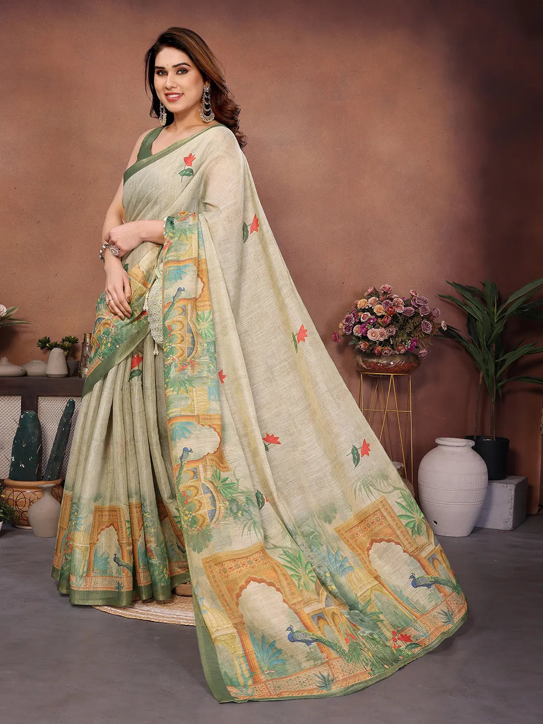 Sage Mist Erode Cotton Saree with Peacock Garden Heritage Print & Palace Art Pallu