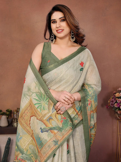 Sage Mist Erode Cotton Saree with Peacock Garden Heritage Print & Palace Art Pallu