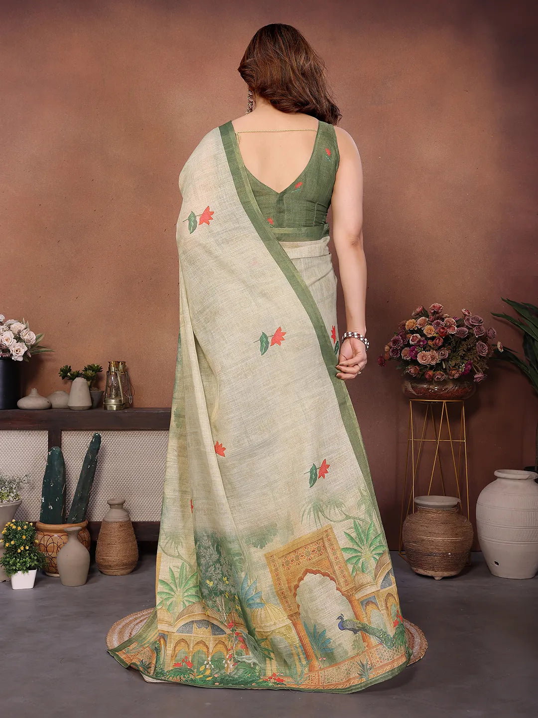 Sage Mist Erode Cotton Saree with Peacock Garden Heritage Print & Palace Art Pallu