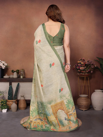Sage Mist Erode Cotton Saree with Peacock Garden Heritage Print & Palace Art Pallu