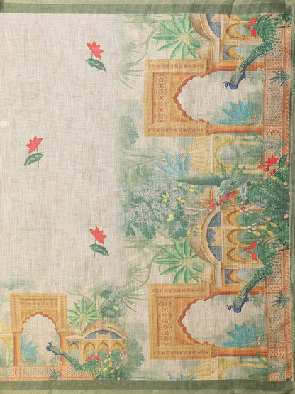 Sage Mist Erode Cotton Saree with Peacock Garden Heritage Print & Palace Art Pallu