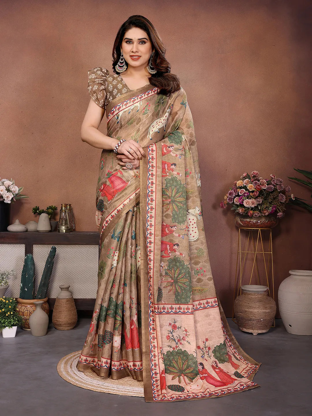 Desert Beige Erode Cotton Saree with Folk Garden Art Print & Heritage Storytelling Pallu