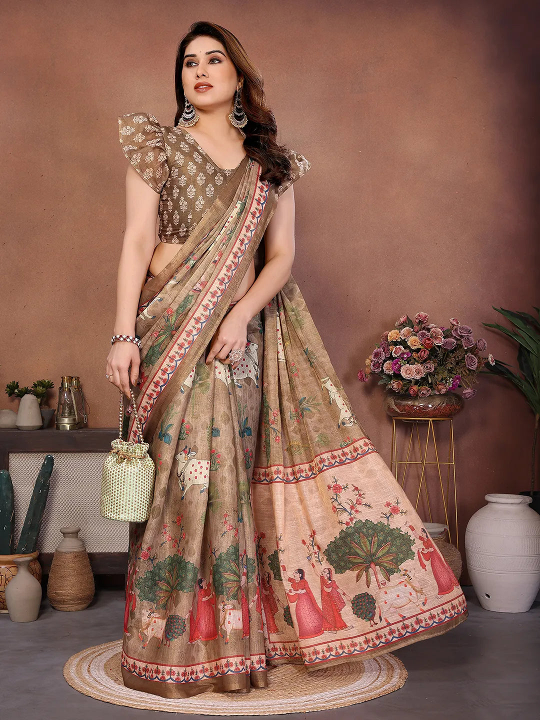 Desert Beige Erode Cotton Saree with Folk Garden Art Print & Heritage Storytelling Pallu