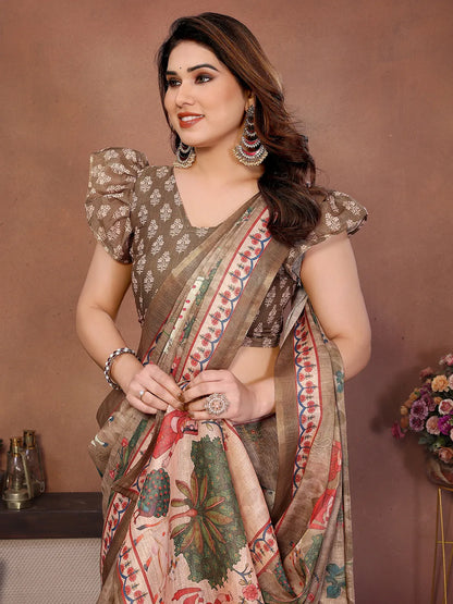 Desert Beige Erode Cotton Saree with Folk Garden Art Print & Heritage Storytelling Pallu