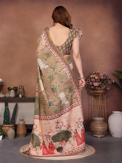 Desert Beige Erode Cotton Saree with Folk Garden Art Print & Heritage Storytelling Pallu