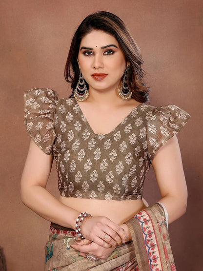 Desert Beige Erode Cotton Saree with Folk Garden Art Print & Heritage Storytelling Pallu