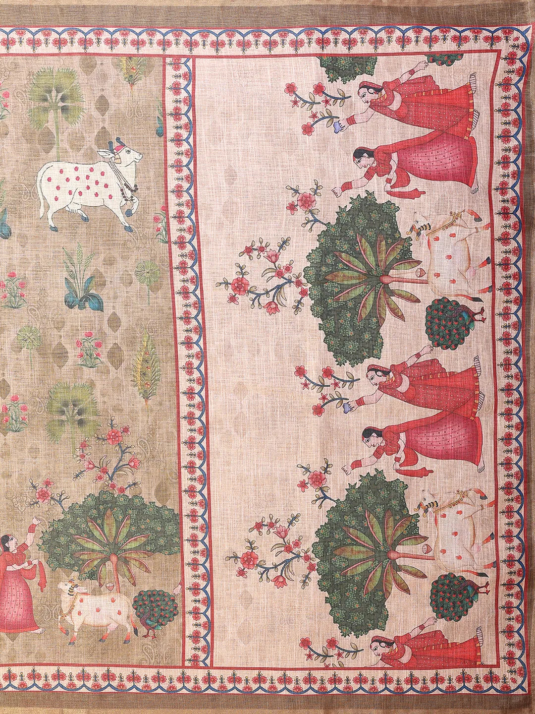 Desert Beige Erode Cotton Saree with Folk Garden Art Print & Heritage Storytelling Pallu