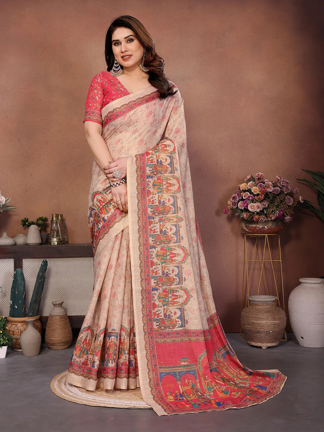 Ivory Beige Erode Cotton Saree with Royal Heritage Procession Print & Coral Pink Pallu