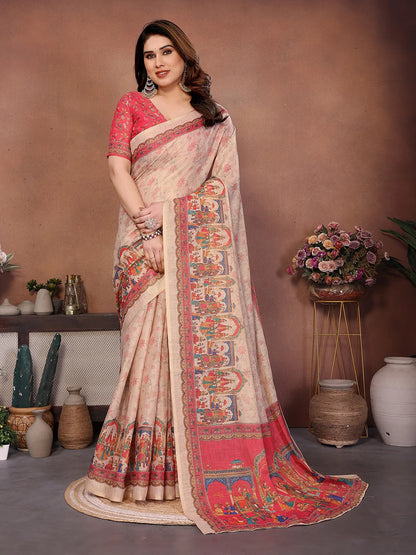 Ivory Beige Erode Cotton Saree with Royal Heritage Procession Print & Coral Pink Pallu