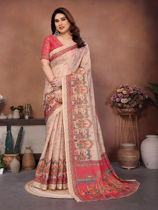 Ivory Beige Erode Cotton Saree with Royal Heritage Procession Print & Coral Pink Pallu