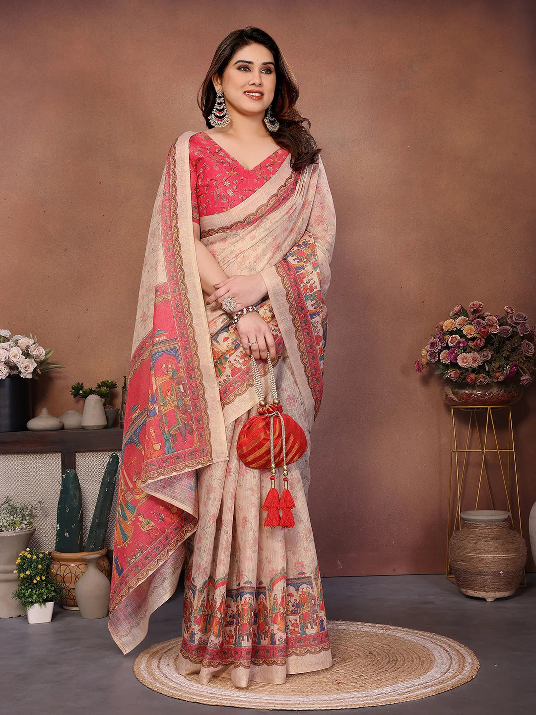 Ivory Beige Erode Cotton Saree with Royal Heritage Procession Print & Coral Pink Pallu