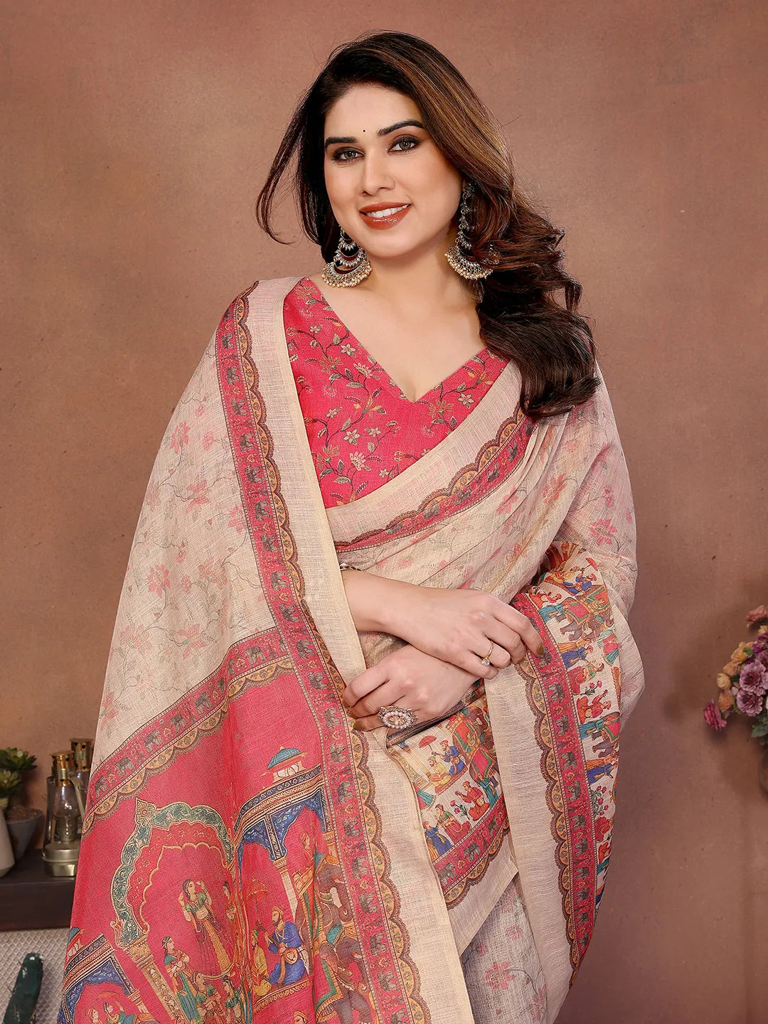 Ivory Beige Erode Cotton Saree with Royal Heritage Procession Print & Coral Pink Pallu