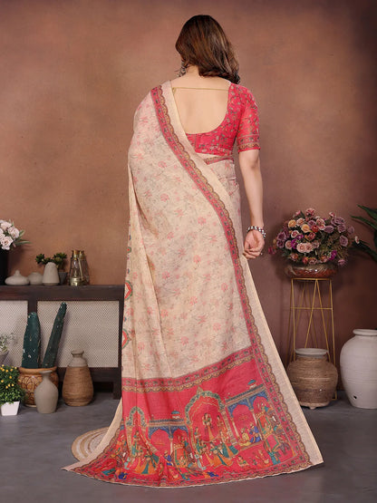 Ivory Beige Erode Cotton Saree with Royal Heritage Procession Print & Coral Pink Pallu