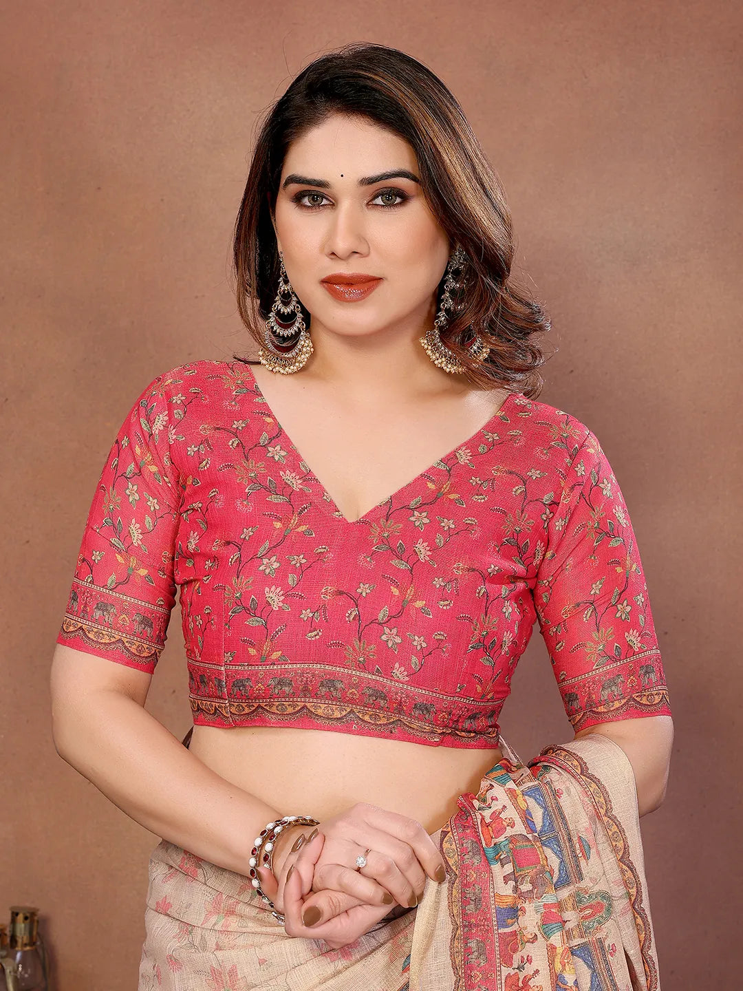 Ivory Beige Erode Cotton Saree with Royal Heritage Procession Print & Coral Pink Pallu