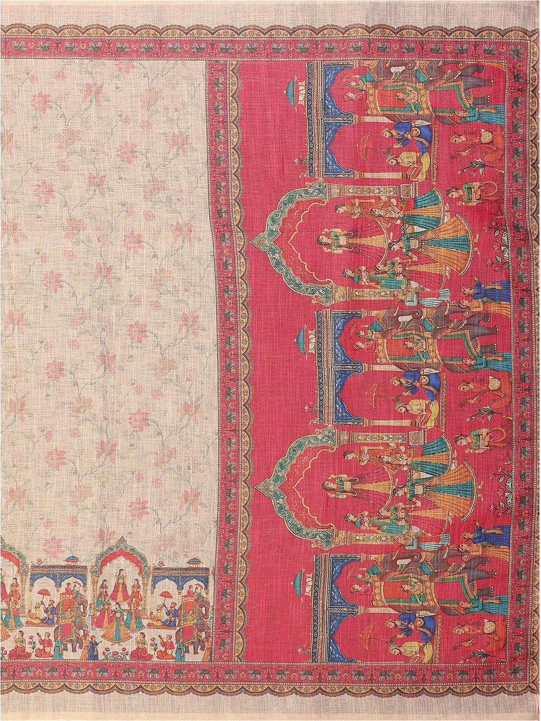 Ivory Beige Erode Cotton Saree with Royal Heritage Procession Print & Coral Pink Pallu