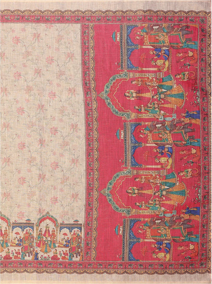 Ivory Beige Erode Cotton Saree with Royal Heritage Procession Print & Coral Pink Pallu
