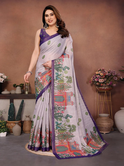 Pearl White Erode Cotton Saree with Heritage Garden Print & Royal Purple Border