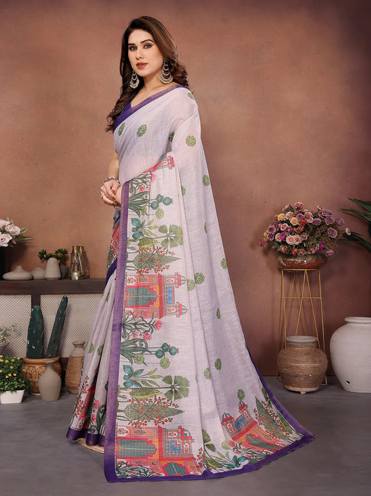 Pearl White Erode Cotton Saree with Heritage Garden Print & Royal Purple Border