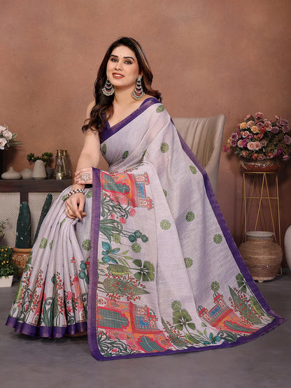 Pearl White Erode Cotton Saree with Heritage Garden Print & Royal Purple Border