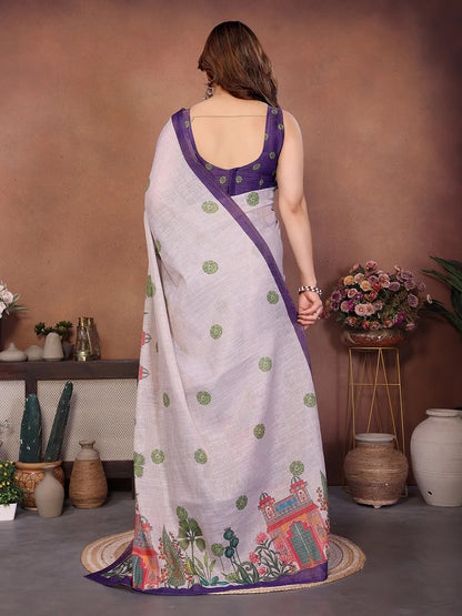 Pearl White Erode Cotton Saree with Heritage Garden Print & Royal Purple Border