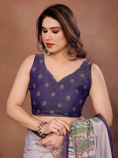 Pearl White Erode Cotton Saree with Heritage Garden Print & Royal Purple Border