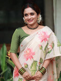 Ivory White Linen Cotton Saree with Pink Lotus Floral Print & Designer Green Blouse