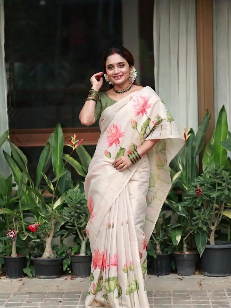 Ivory White Linen Cotton Saree with Pink Lotus Floral Print & Designer Green Blouse