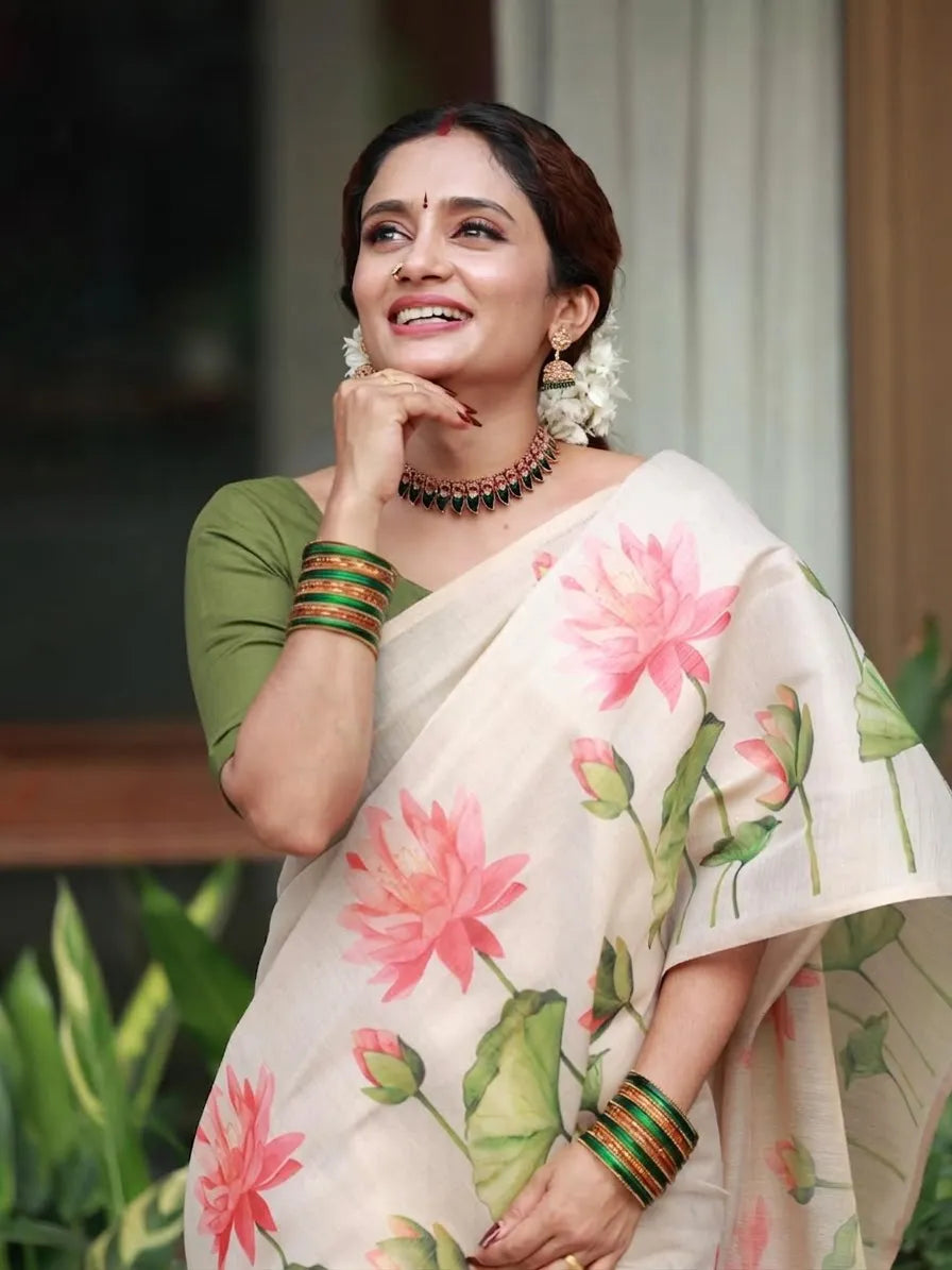Ivory White Linen Cotton Saree with Pink Lotus Floral Print & Designer Green Blouse