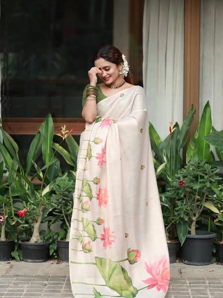 Ivory White Linen Cotton Saree with Pink Lotus Floral Print & Designer Green Blouse