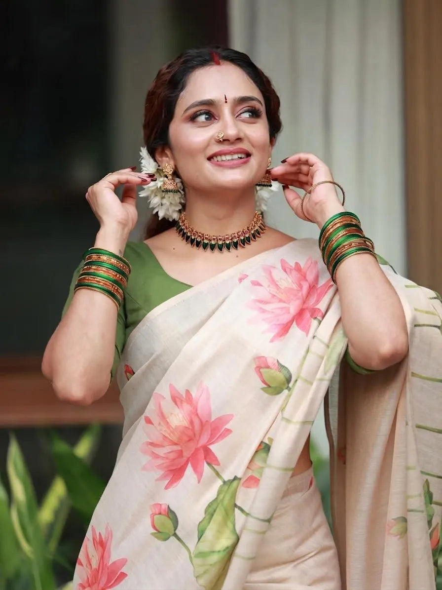 Ivory White Linen Cotton Saree with Pink Lotus Floral Print & Designer Green Blouse
