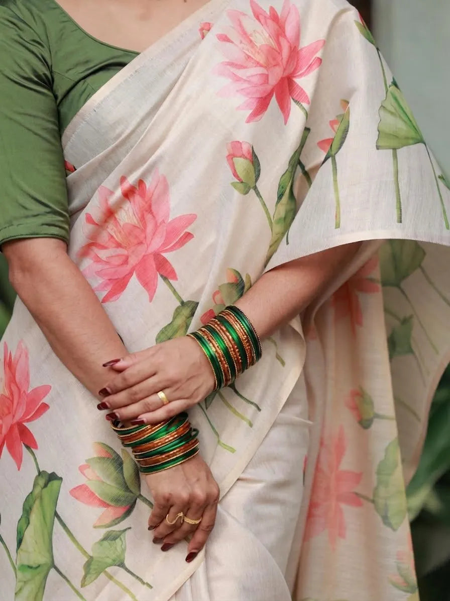 Ivory White Linen Cotton Saree with Pink Lotus Floral Print & Designer Green Blouse