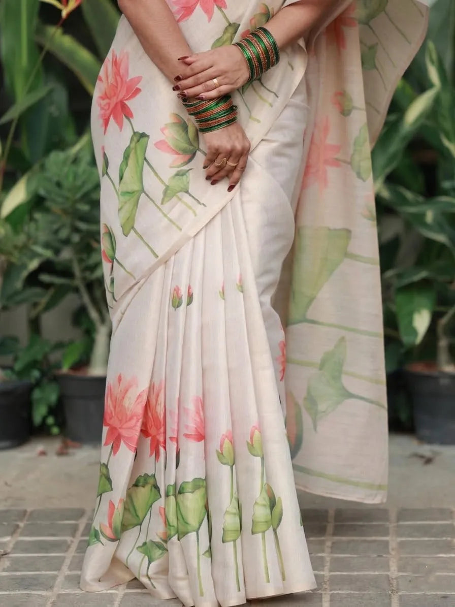 Ivory White Linen Cotton Saree with Pink Lotus Floral Print & Designer Green Blouse